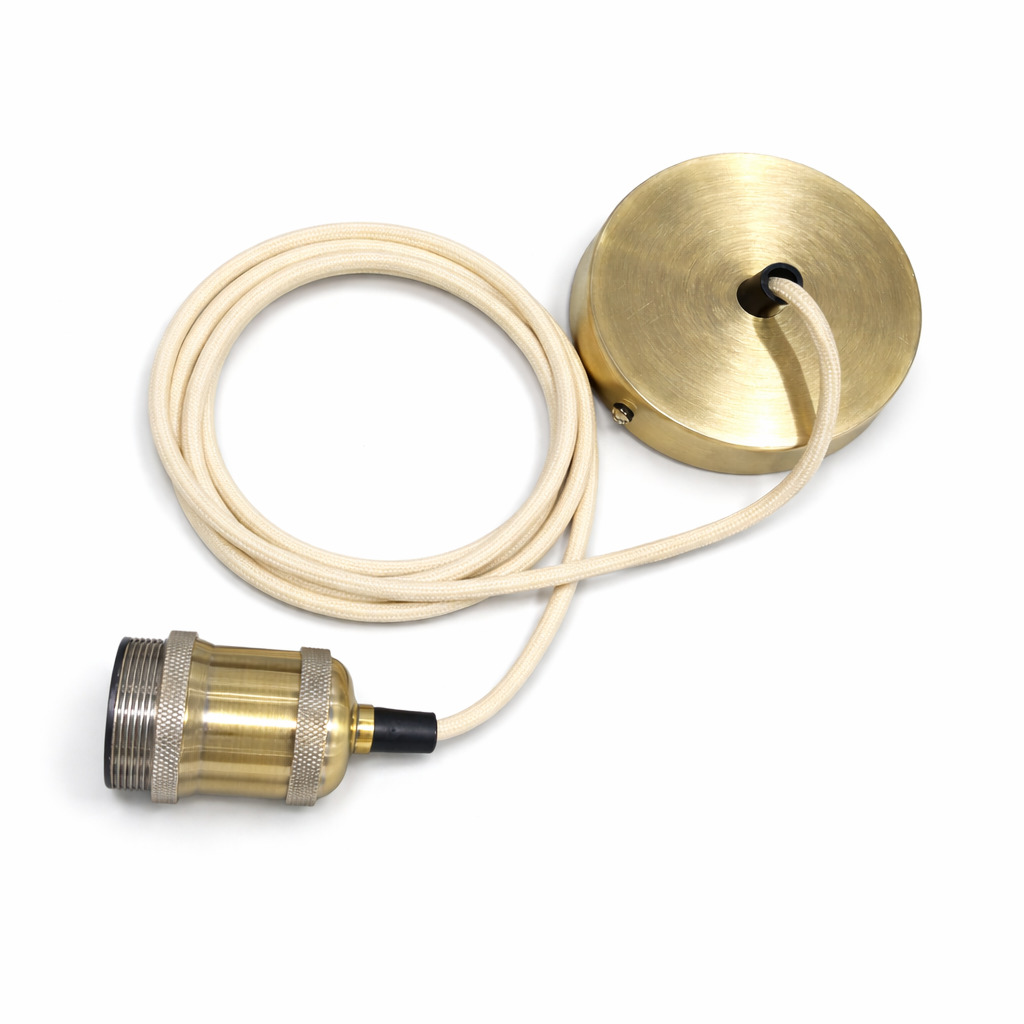 CGC CASSIE Antique Brass with Off White 1.5m Adjustable E27 Ceiling Cable Pendant and Matching Ceiling Rose