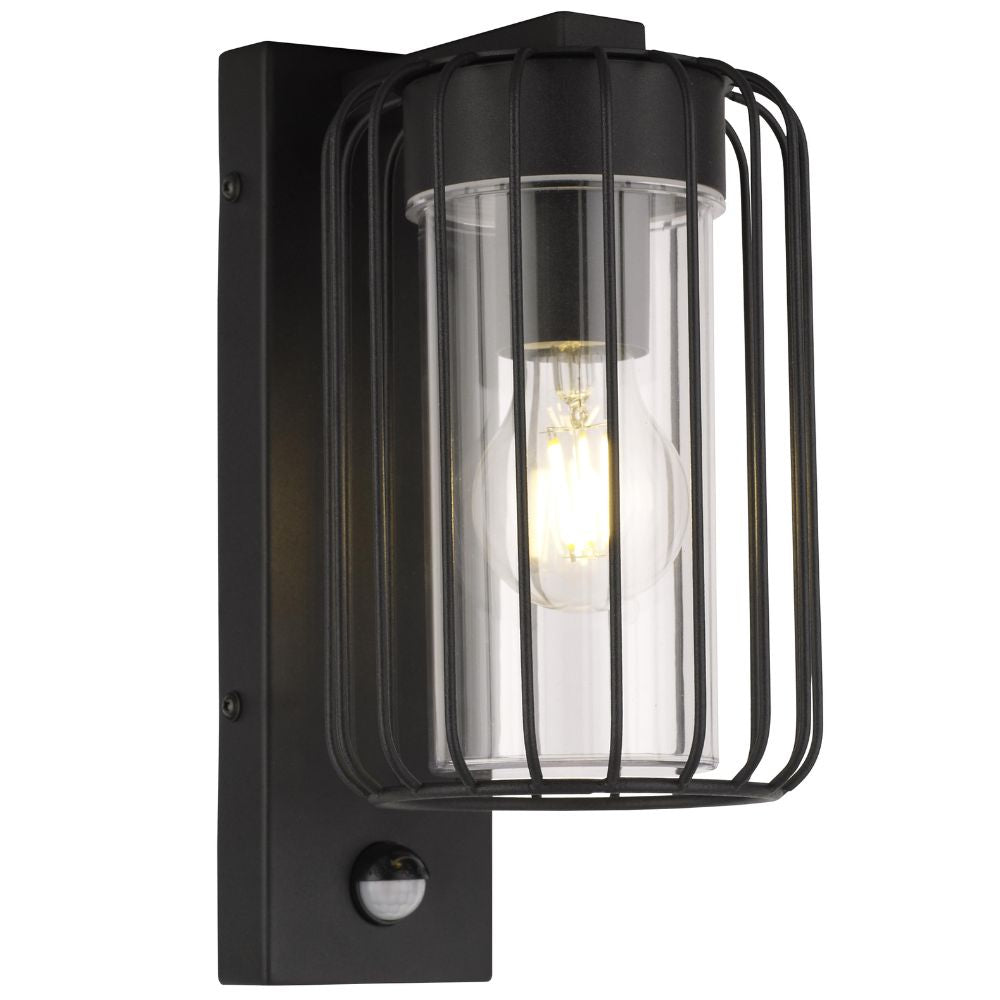 CGC Alvin PIR Motion Sensor Black Outdoor Cage Wall Lantern Light with Clear Diffuser IP54