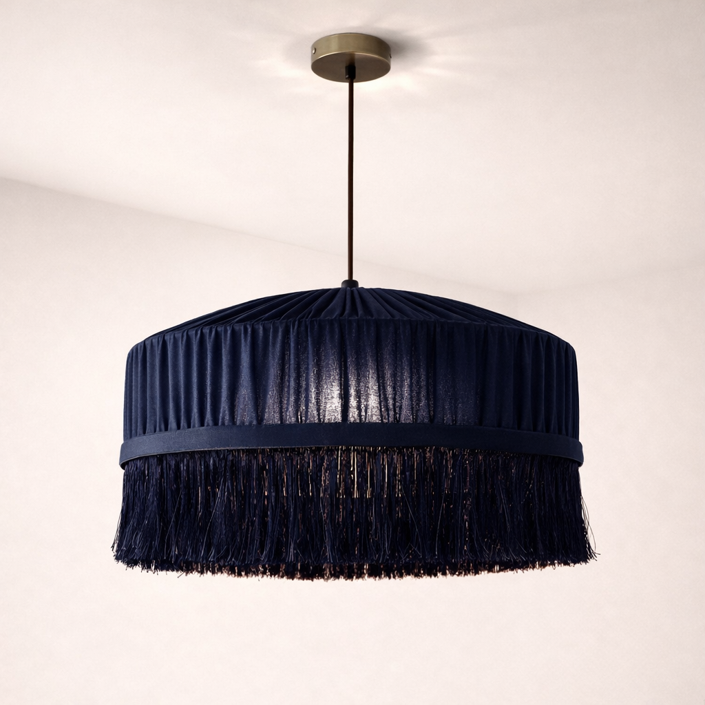 CGC Victoria Navy Velvet Fringe Lampshade – Pleated Tassel Pendant Light Shade