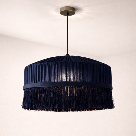 CGC Victoria Navy Velvet Fringe Lampshade – Pleated Tassel Pendant Light Shade
