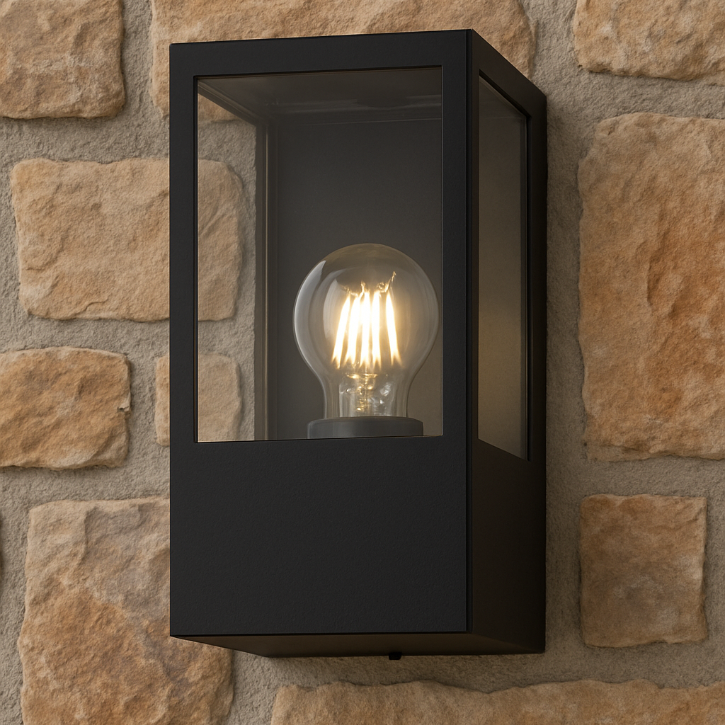 CGC Dave Black E27 Outdoor Wall Light Box Lantern Clear Diffuser IP54