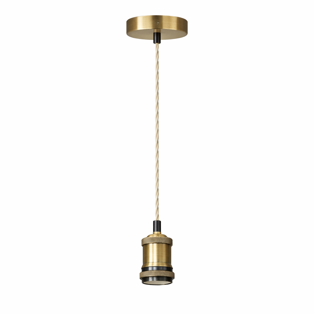 CGC Lacey Antique Brass with Off White Twisted 1.5m Adjustable E27 Ceiling Cable Pendant and Matching Ceiling Rose