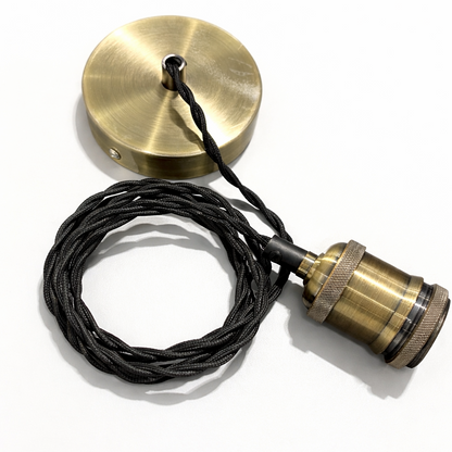 CGC Lacey Antique Brass with Black Twisted 1.5m Adjustable E27 Ceiling Cable Pendant and Matching Ceiling Rose