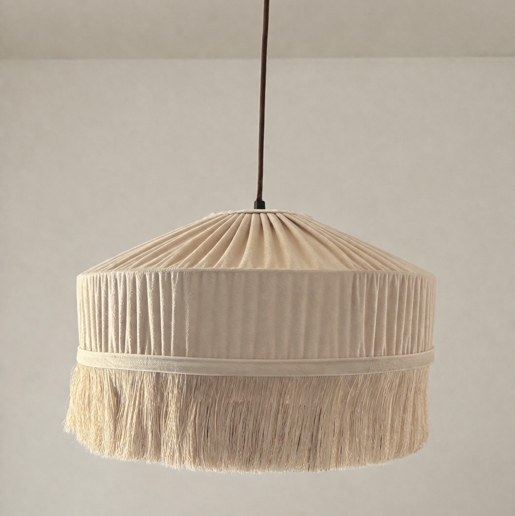 CGC Cream Victoria Velvet Fringe Lampshade – Pleated Tassel Pendant Light Shade