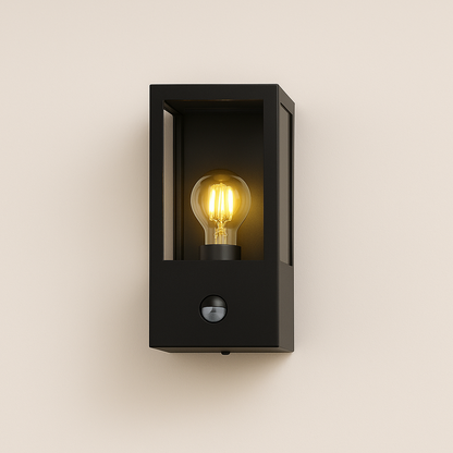 CGC Dave PIR Motion Sensor Black E27 Outdoor Wall Light Box Lantern Clear Diffuser IP54