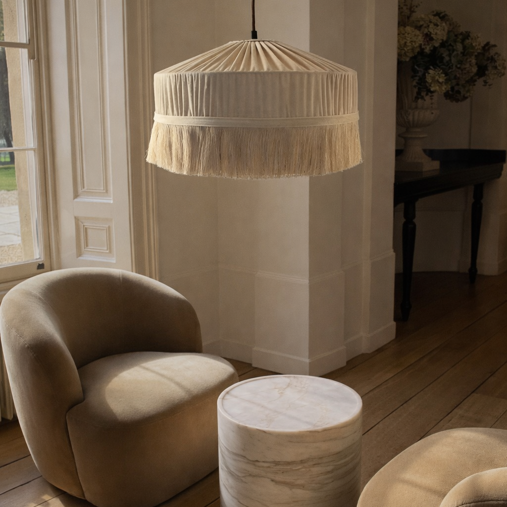 CGC Cream Victoria Velvet Fringe Lampshade – Pleated Tassel Pendant Light Shade