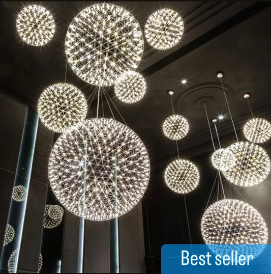 Our striking silver starburst light is inspired by elements of the night sky, comprising of delicately crafted steel and covered in LED lights  The light will create a talking point in any space and can be placed together with the other size starburst lights to create something truly spectacular 