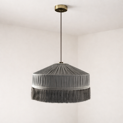 CGC Grey Victoria Velvet Fringe Lampshade – Pleated Tassel Pendant Light Shade