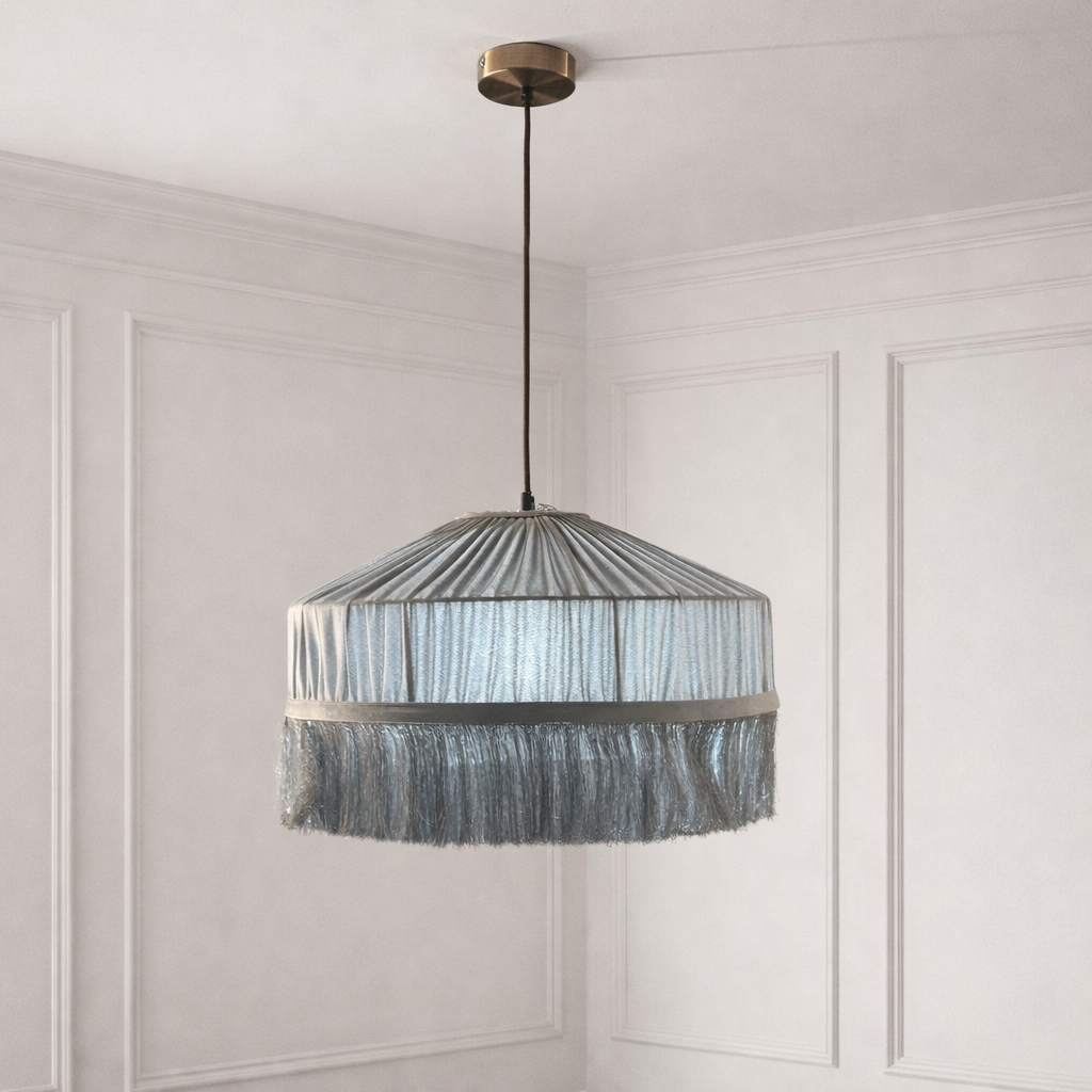CGC Grey Victoria Velvet Fringe Lampshade – Pleated Tassel Pendant Light Shade