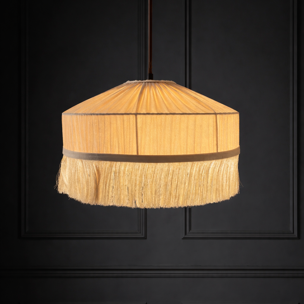 CGC Cream Victoria Velvet Fringe Lampshade – Pleated Tassel Pendant Light Shade