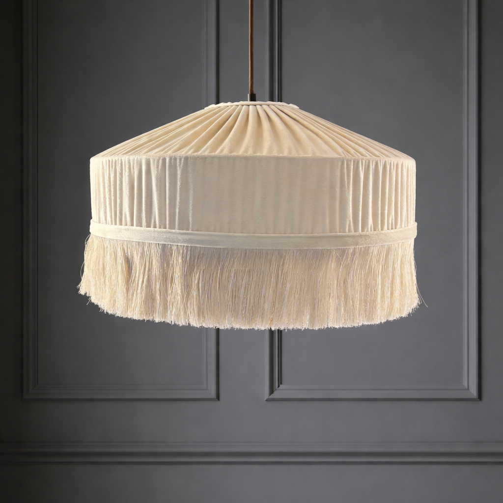 CGC Cream Victoria Velvet Fringe Lampshade – Pleated Tassel Pendant Light Shade