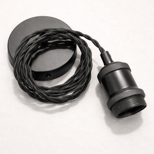 CGC Lacey Matt Black with Black Twisted 1.5m Adjustable E27 Ceiling Cable Pendant and Matching Ceiling Rose
