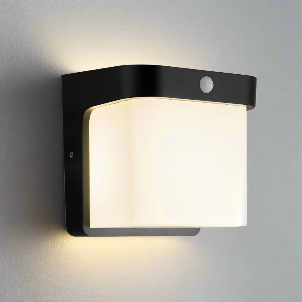 CGC RHEA Black LED Outdoor PIR Motion Sensor Wall Light Cube with Opal Diffuser IP65 Polycarbonate Coastal 4000K