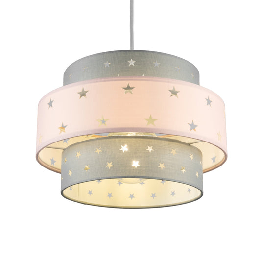 Our grey and pink two tiered star shade features a mixture of large and small sweet stars cut out across a grey and pink background. When your lamp is turned on it will shine out through these cut-outs, mimicking a beautiful night sky. This lampshade is made with soft-touch fabric for a little bit of luxury.