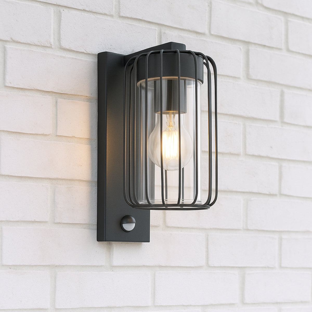 CGC Alvin PIR Motion Sensor Black Outdoor Cage Wall Lantern Light with Clear Diffuser IP54