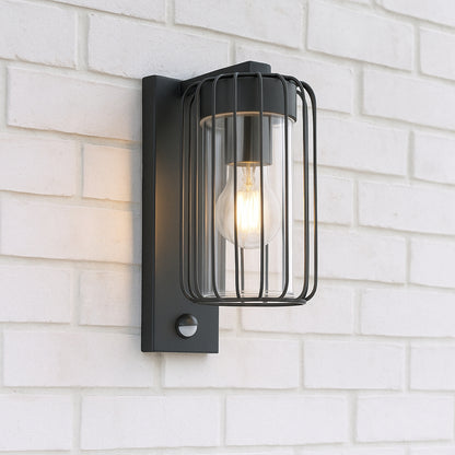 CGC Alvin PIR Motion Sensor Black Outdoor Cage Wall Lantern Light with Clear Diffuser IP54