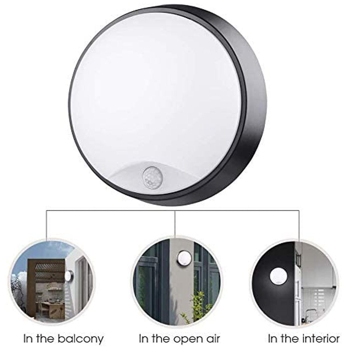 Zara black and white round wall light with motion sensor is an modern simple fitting with a black polycarbonate body and opal diffuser. This stylish wall light is perfect for adding a pinch of modern flavour to doorways, sheds, patios, porch, driveways, garages, sheds, and more. This fitting is IP54 rated which makes it fully weatherproof light fitting.