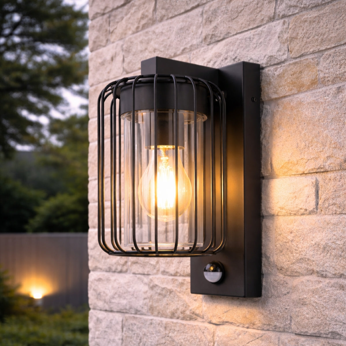 CGC Alvin PIR Motion Sensor Black Outdoor Cage Wall Lantern Light with Clear Diffuser IP54