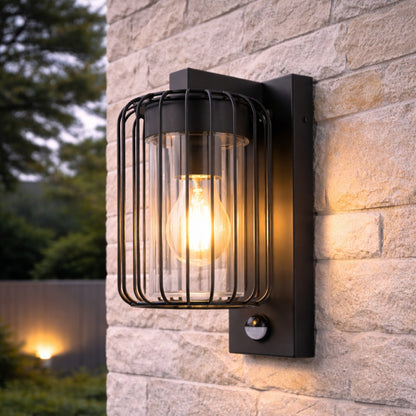 CGC Alvin PIR Motion Sensor Black Outdoor Cage Wall Lantern Light with Clear Diffuser IP54
