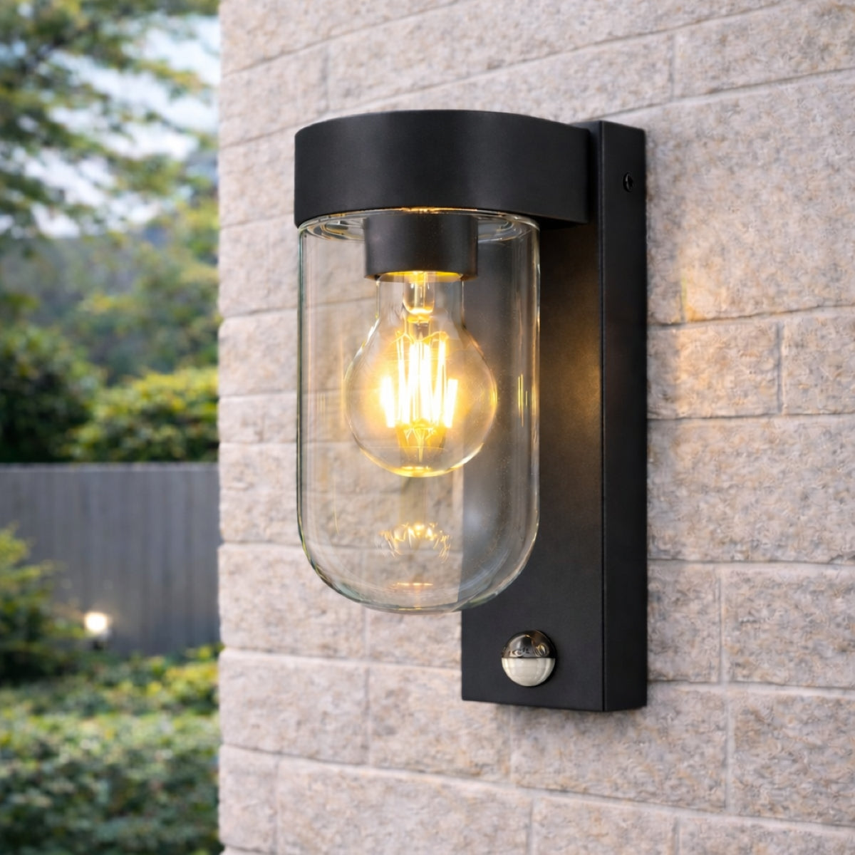 CGC Rowan PIR Motion Sensor Black Outdoor Wall Lantern Light with Clear Diffuser IP54
