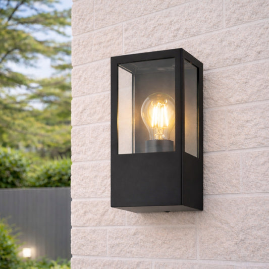 CGC Dave Black E27 Outdoor Wall Light Box Lantern Clear Diffuser IP54