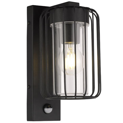 CGC Alvin PIR Motion Sensor Black Outdoor Cage Wall Lantern Light with Clear Diffuser IP54
