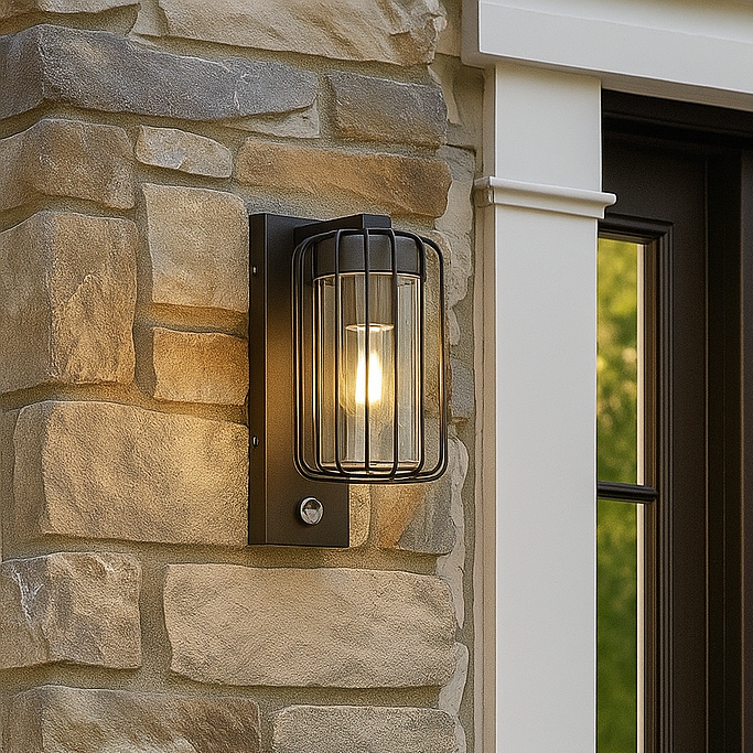 CGC Alvin PIR Motion Sensor Black Outdoor Cage Wall Lantern Light with Clear Diffuser IP54