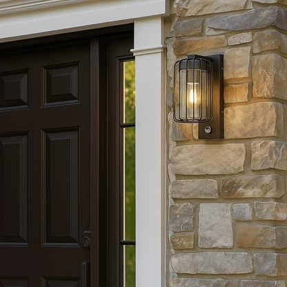 CGC Alvin PIR Motion Sensor Black Outdoor Cage Wall Lantern Light with Clear Diffuser IP54