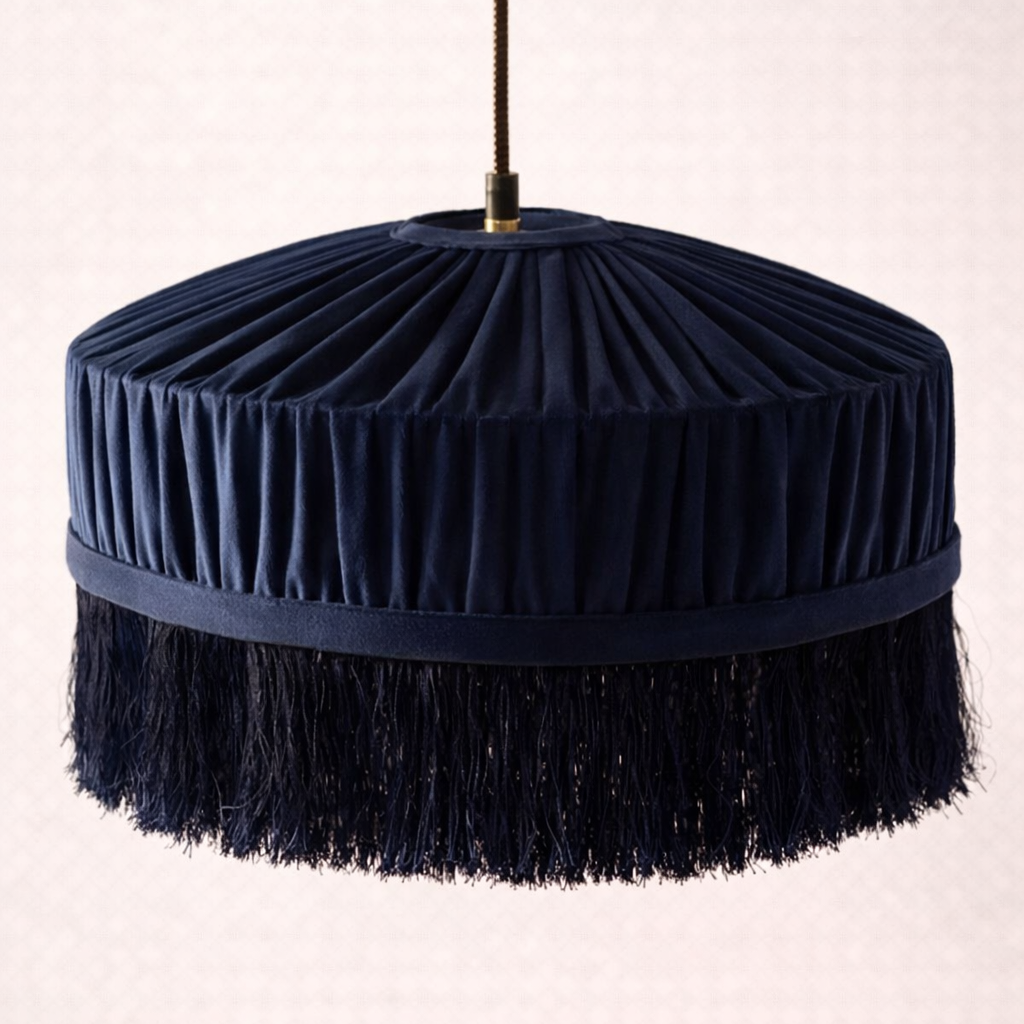 CGC Victoria Navy Velvet Fringe Lampshade – Pleated Tassel Pendant Light Shade