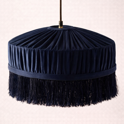 CGC Victoria Navy Velvet Fringe Lampshade – Pleated Tassel Pendant Light Shade