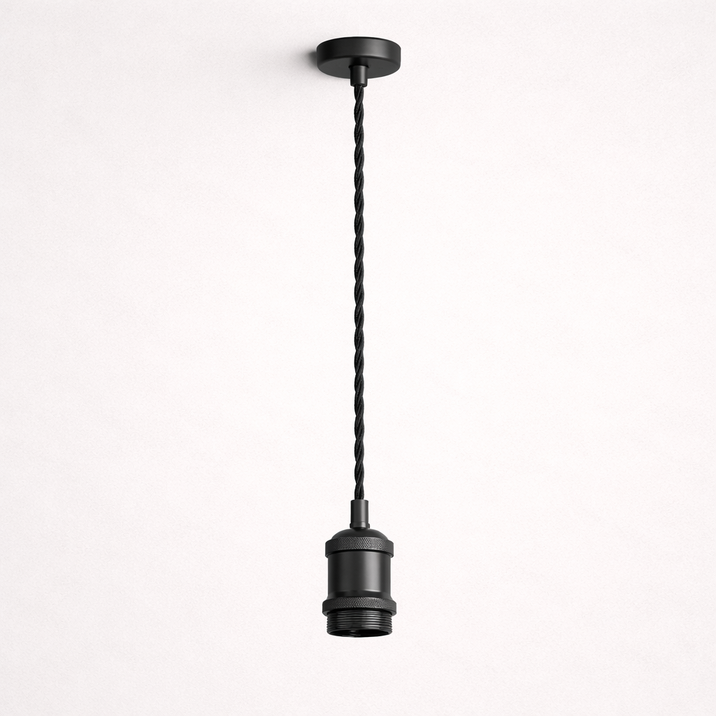 CGC Lacey Matt Black with Black Twisted 1.5m Adjustable E27 Ceiling Cable Pendant and Matching Ceiling Rose
