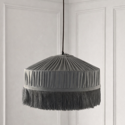 CGC Grey Victoria Velvet Fringe Lampshade – Pleated Tassel Pendant Light Shade