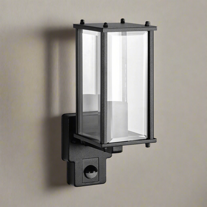 CGC MARIN Black Outdoor Wall Lantern Clear Bevelled Glass Diffuser With PIR Motion Sensor IP44