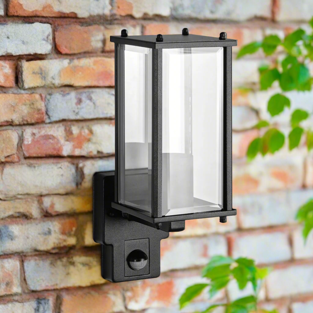 CGC MARIN Black Outdoor Wall Lantern Clear Bevelled Glass Diffuser With PIR Motion Sensor IP44