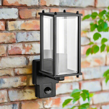 CGC MARIN Black Outdoor Wall Lantern Clear Bevelled Glass Diffuser With PIR Motion Sensor IP44