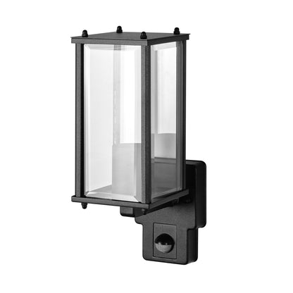 CGC MARIN Black Outdoor Wall Lantern Clear Bevelled Glass Diffuser With PIR Motion Sensor IP44