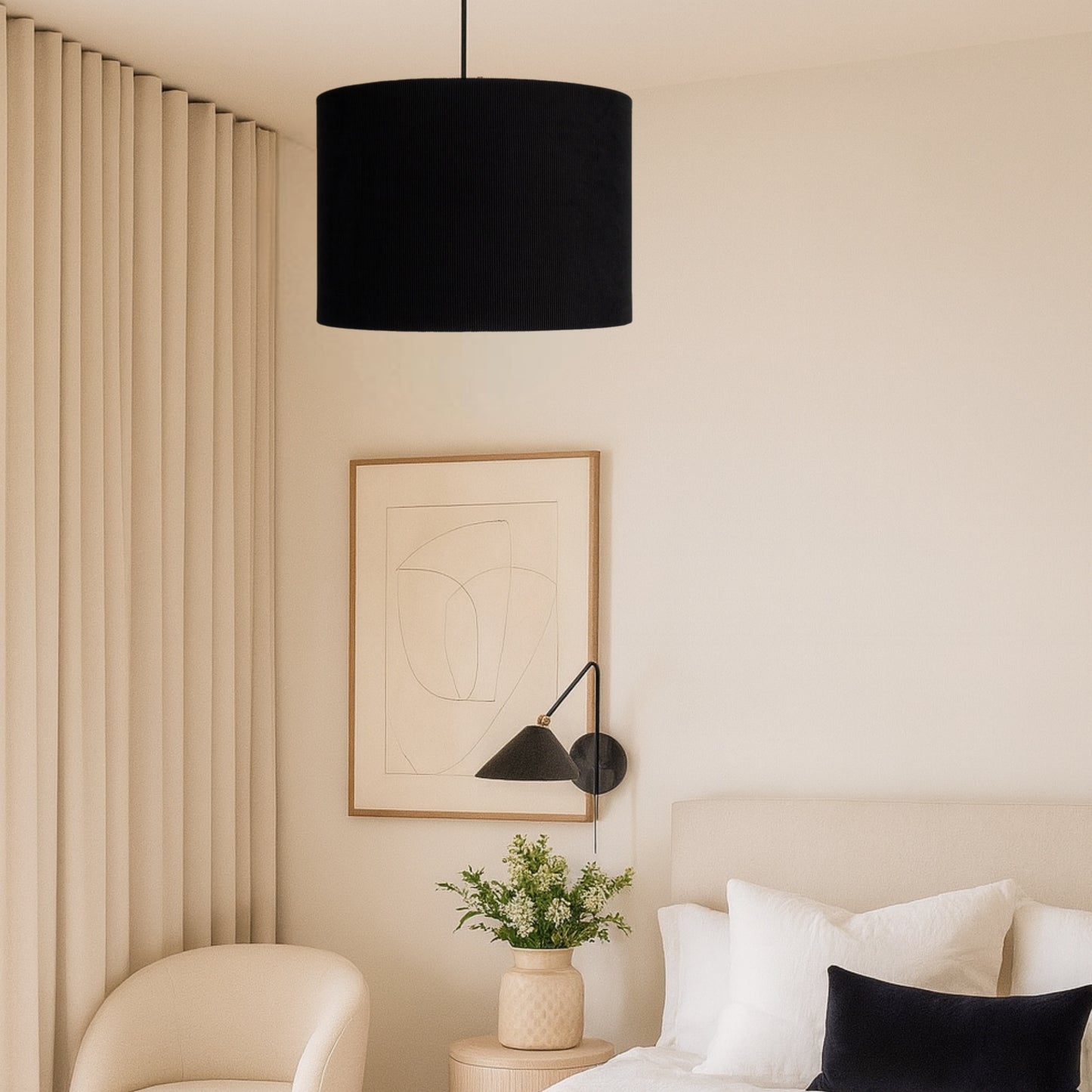 CGC LOLA Black Corduroy 30cm Lampshade Matching Silk Inner