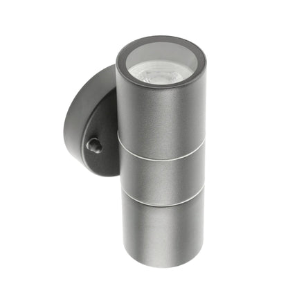 Our Mia outdoor up and down outdoor wall light is modern and stylish in its appearance.  It comes in a cylinder design mounted on a circular back plate and complete with clear glass diffusers. It is designed for durability and longevity with its robust material producing a fully weatherproof and water resistant light fitting