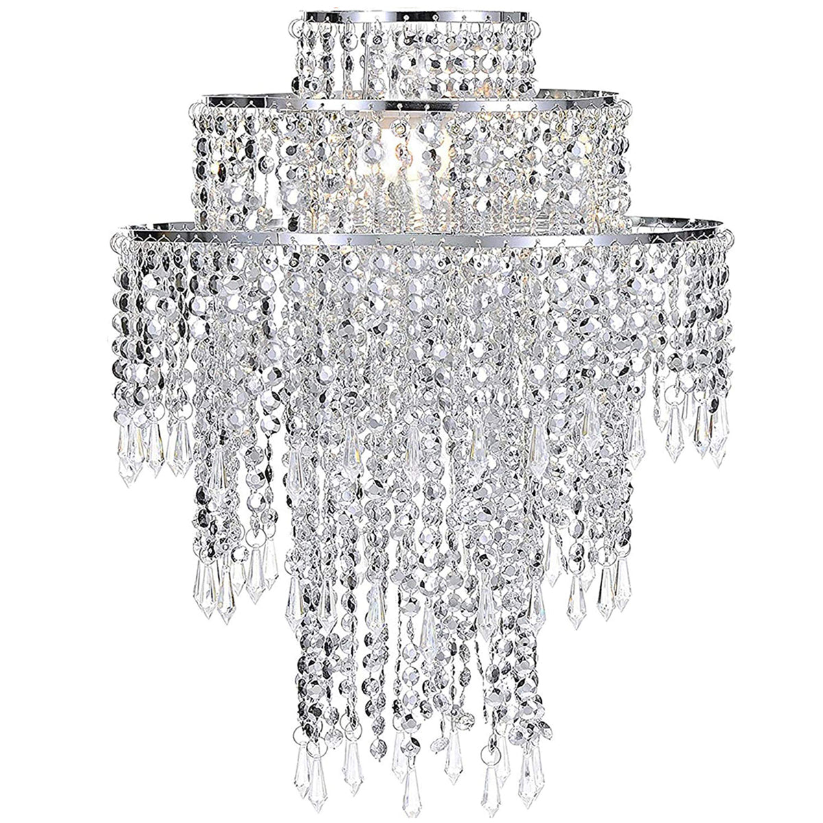 Our Liza easy fit ceiling pendant shade features polished chrome circular rings with varying lengths of acrylic crystal strands.  This beautiful easy fit pendant shade will add glamour to any space whilst instantly updating your room without the need of an electrician. 