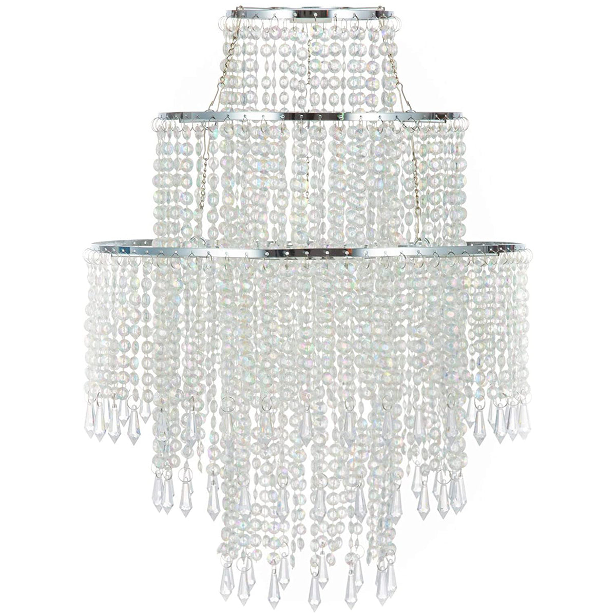 Our Liza easy fit ceiling pendant shade features polished chrome circular rings with varying lengths of acrylic crystal strands.  This beautiful easy fit pendant shade will add glamour to any space whilst instantly updating your room without the need of an electrician. 