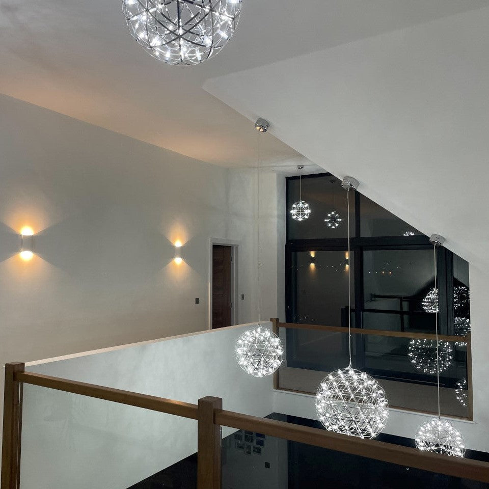 Our striking 80cm XXL large silver starburst light is the perfect way to make a statement with your interiors. It is inspired by elements of the night sky, comprising of a delicately crafted stainless steel round spherical shape and perfectly finished in LED lights