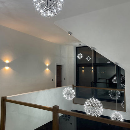 Our striking 80cm XXL large silver starburst light is the perfect way to make a statement with your interiors. It is inspired by elements of the night sky, comprising of a delicately crafted stainless steel round spherical shape and perfectly finished in LED lights